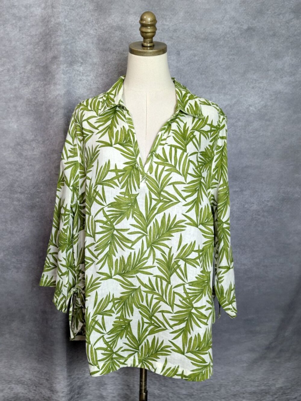 Nicole Miller 100% Linen Tropical Leaf Print Collared V-Neck Popover Tunic 1X